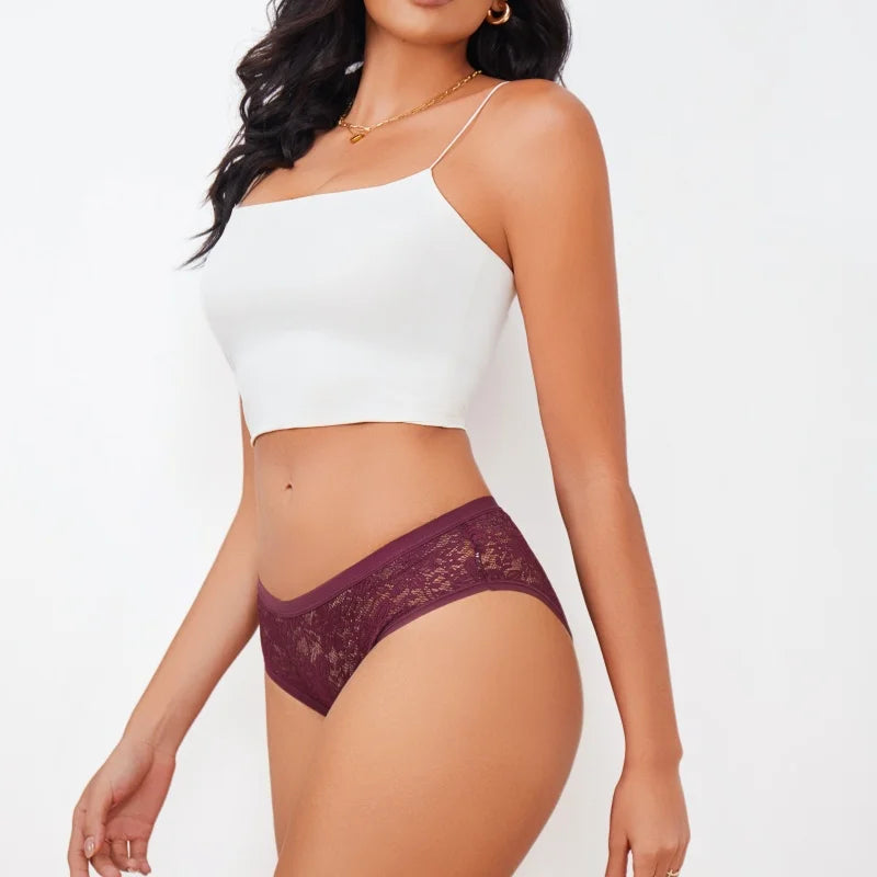 Seamless Floral Lace Brief Panties – Hollow-Out See-Through Underwear for Women (S–2XL, 6 Colors)