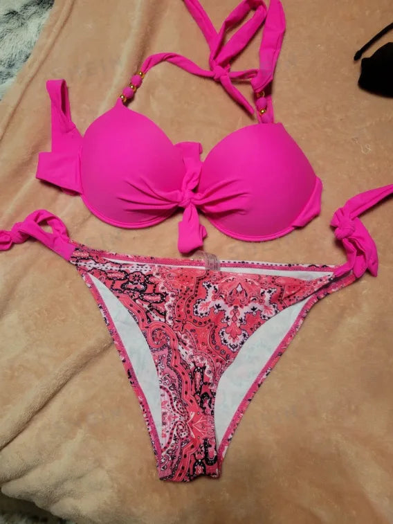 Push-Up Halter Bikini Set — Bow-Tie Top & Printed Side-Tie Bottoms | Women's Swimwear
