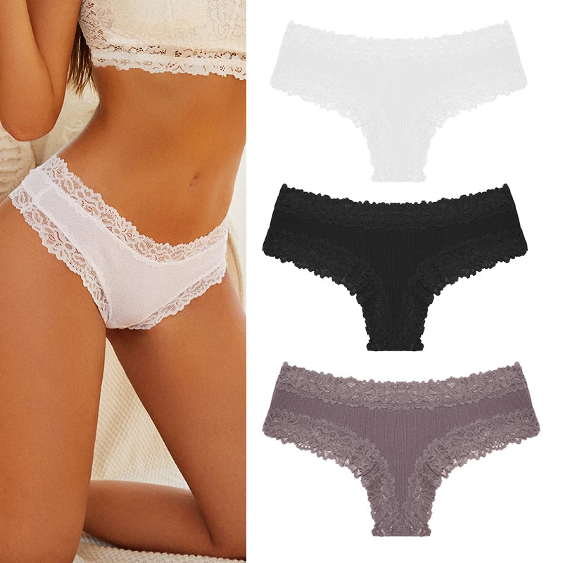 Women's Cotton Lace Briefs – 3-Piece Set | Soft Low-Rise Stretch Underwear (S–XL)