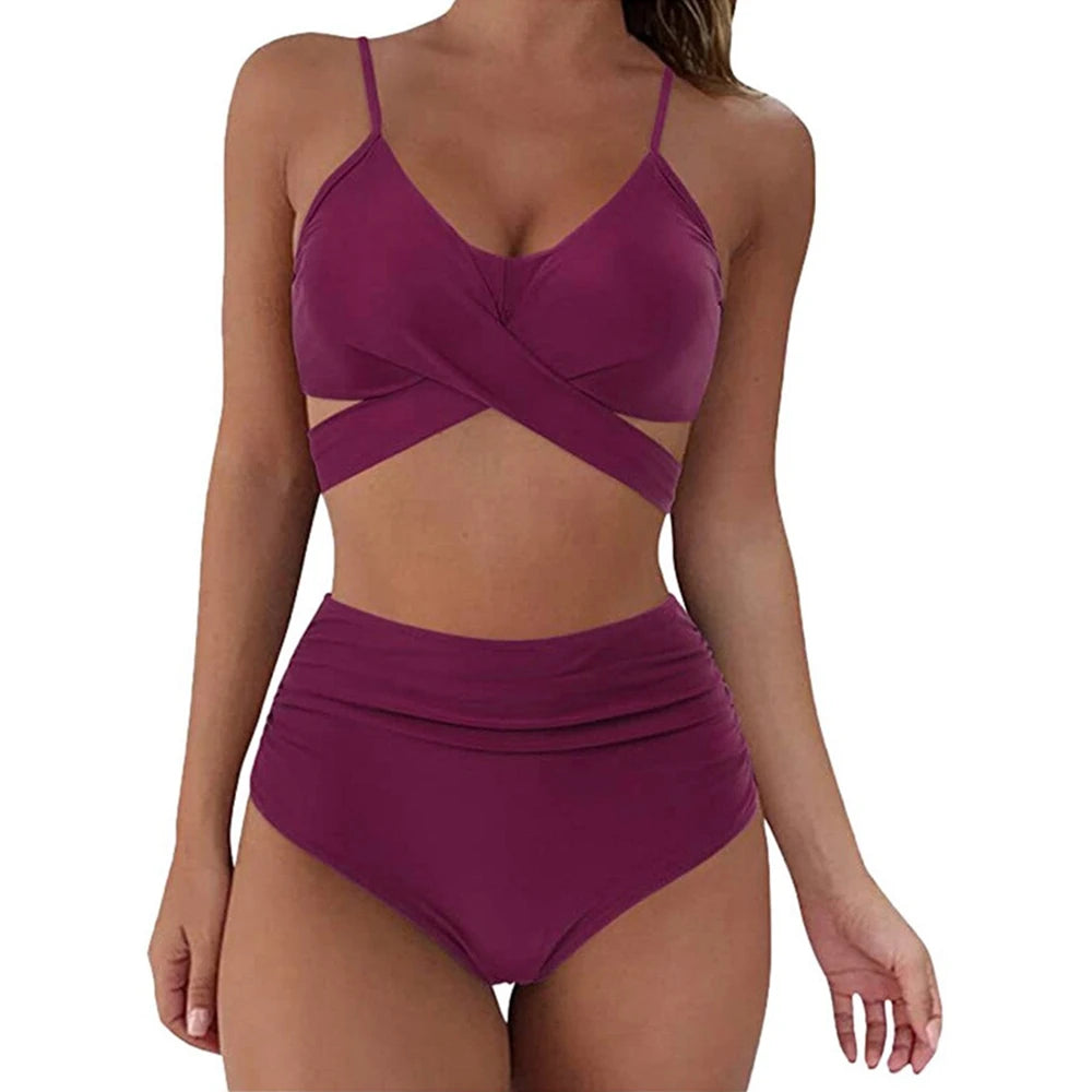 High Waist Bikini Set — Cross Front Top & Ruched Bottoms | Women's Swimwear