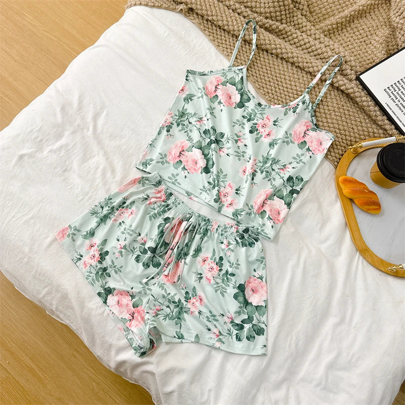 Cherry Print Ice Silk Pajama Set — Sleeveless Cami Top & Shorts
