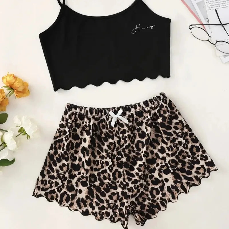 Leopard Print Sling Pajama Set – V-Neck Sleeveless Top & Shorts, 100% Cotton Sleepwear (S–XL)