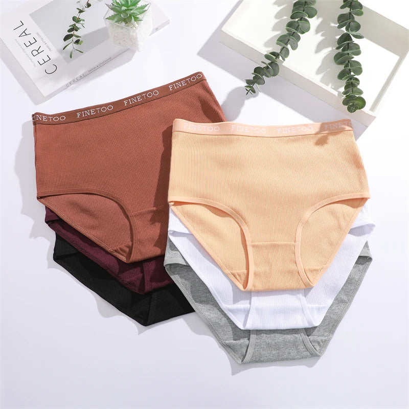 4Pcs/Set Women's Ribbed Striped Cotton Briefs Plus Size Panties Lady High Waist Breathable Underwear Solid Lingerie Shorts S-XXL