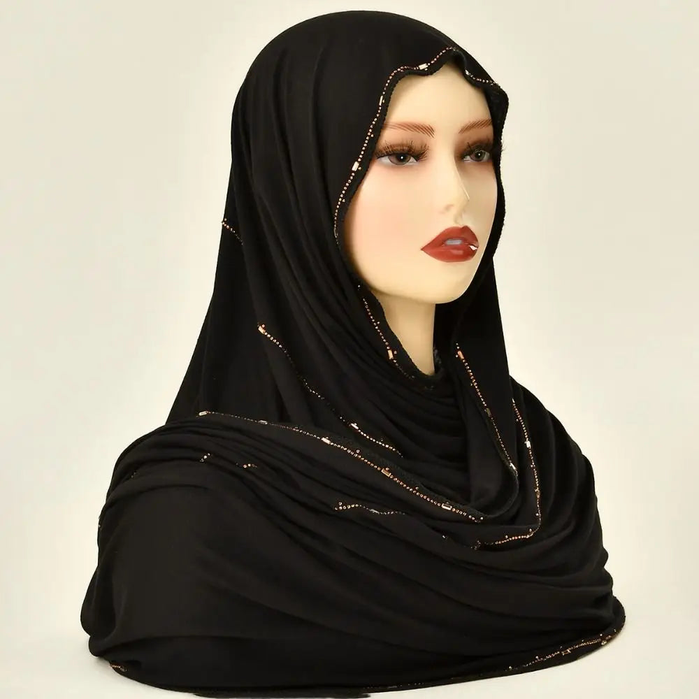 New Breathable Rhinestone Hijab Scarf Soft Glitter Shimmer Edge Headband Turban Solid Color Headscarf For Women