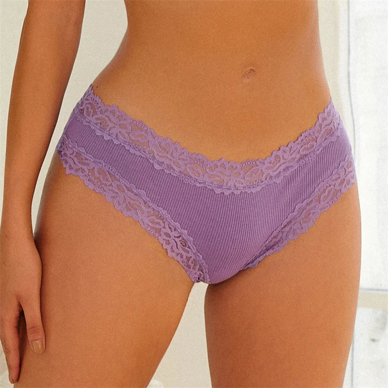 Lace Splicing Brazilian Bikini Panties – Cotton Crotch Low-Rise Underwear for Women (S–XL, 6 Colors)