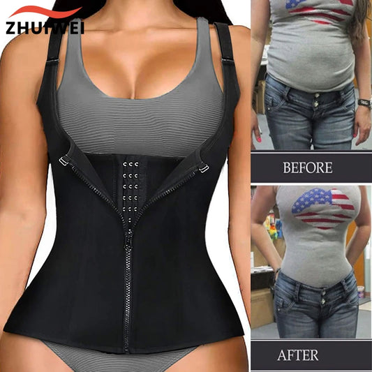 Women’s Waist Trainer Corset Vest – Zipper & Hook Body Shaper with U-Shape Push-Up & Sauna Effect