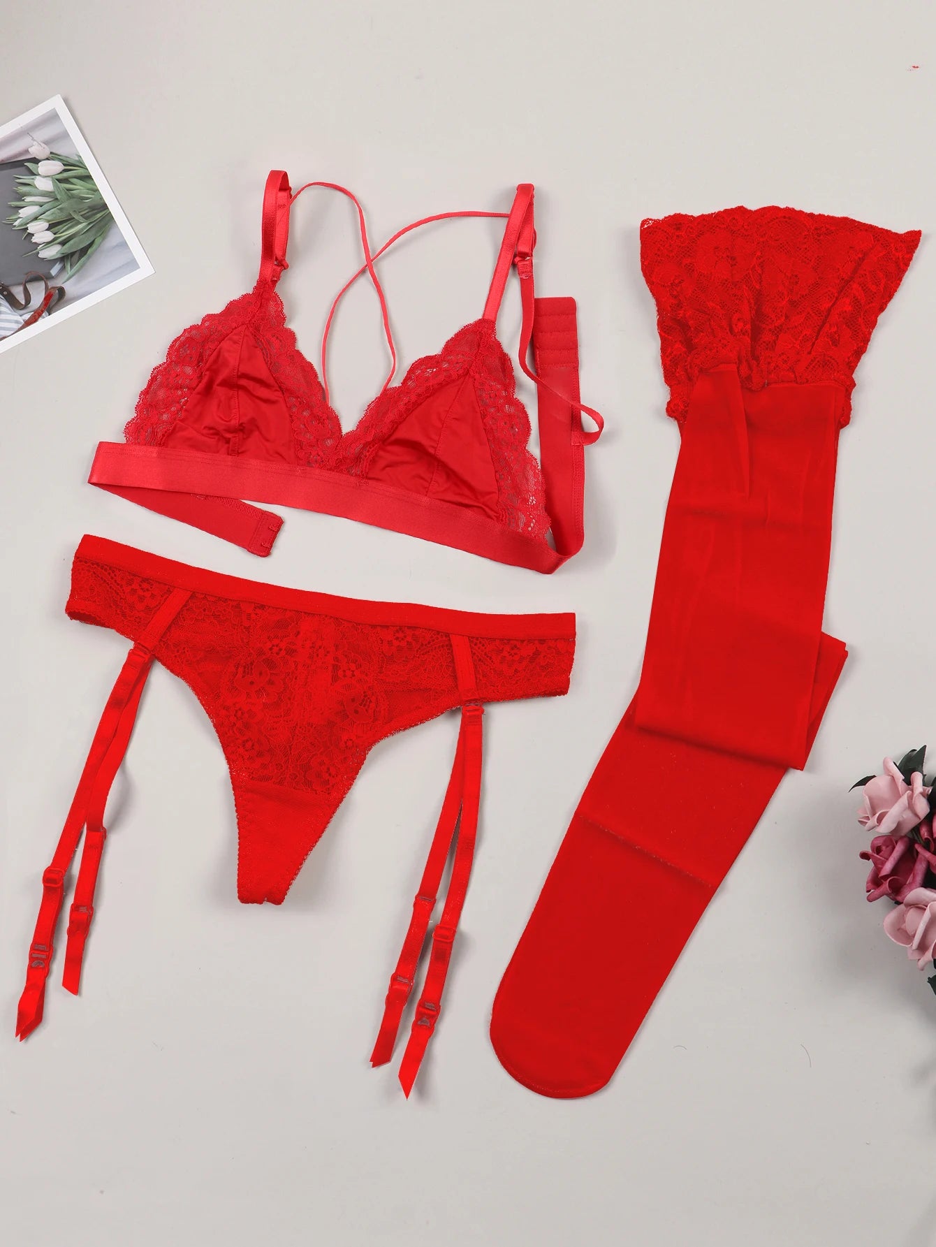 Floral Lace Bralette Lingerie Set — Wire-Free Bra, Thong, Garter Belt & Stockings | Women's Lingerie