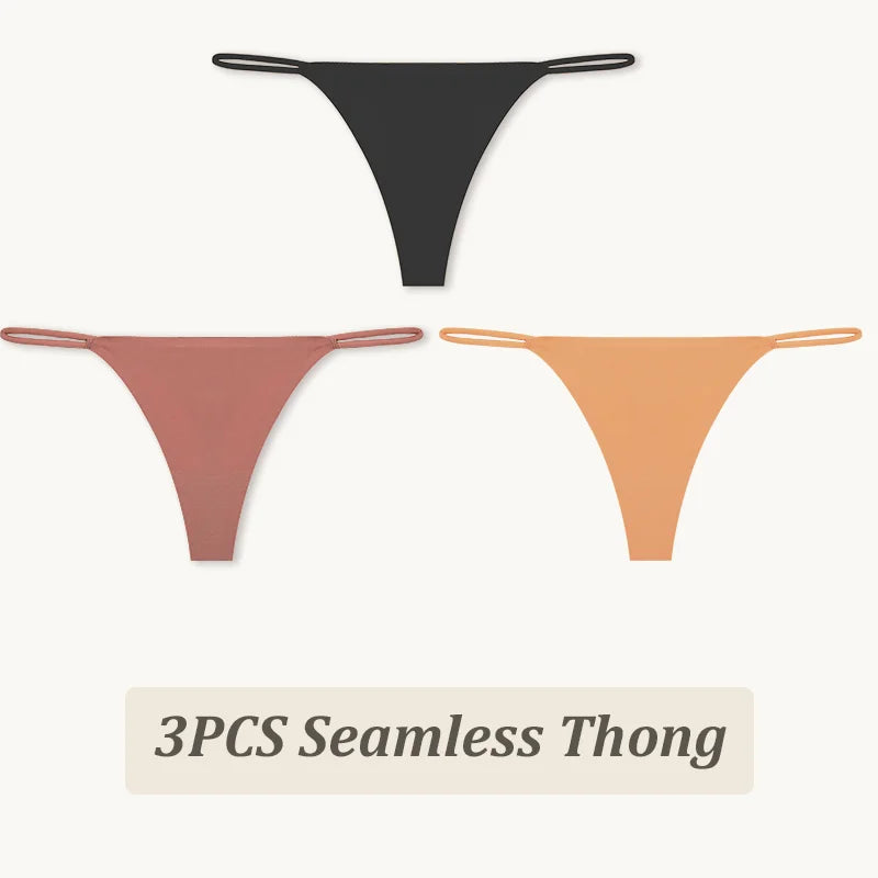 3-Pack Seamless Ice Silk Thong Panties – Low-Rise Flexible Underwear for Women (XS–XL, 25 Color Sets)
