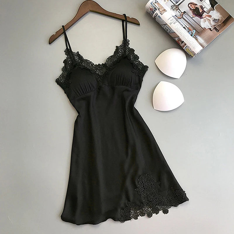 Ice Silk Satin Halter Nightdress – V-Neck, Knee-Length, Sleeveless | Women's Sleepwear