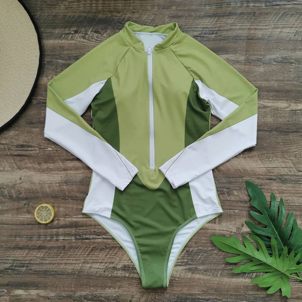 Color Block Surfing One-Piece Swimsuit — Long Sleeve Zipper | Women's Sport Swimwear