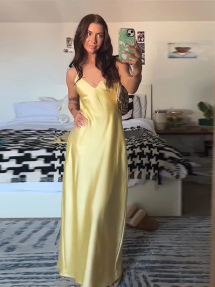 Blue V Neck Satin Lace Patchwork Maxi Dress Chic Spaghetti Strap Backless Slip Dress 2026 Summer new Lady Beach Holiday Vestidos