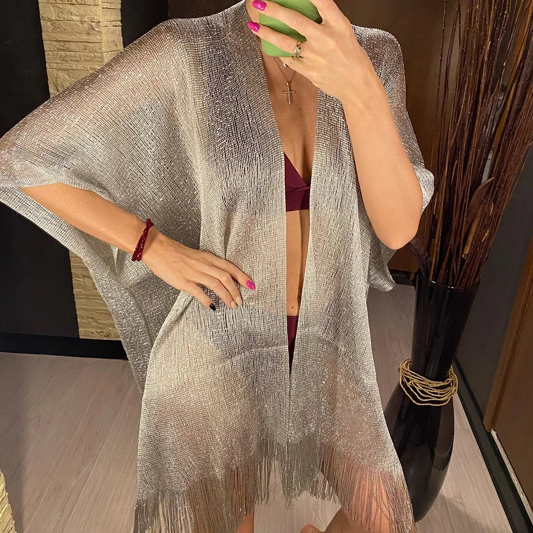 Metallic Tassel Trim Beach Cover-Up — Sheer Kimono | Women's Swimwear