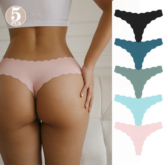 5-Pack Seamless Scallop-Edge V-String Thongs — Low-Rise Invisible Sport Panties
