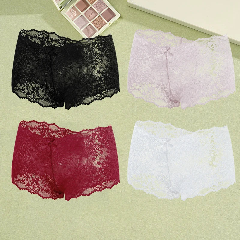 4-Pack Hollow Lace Boyshort Panties – Low-Rise Breathable Underwear for Women (S–2XL, 13 Color Sets)