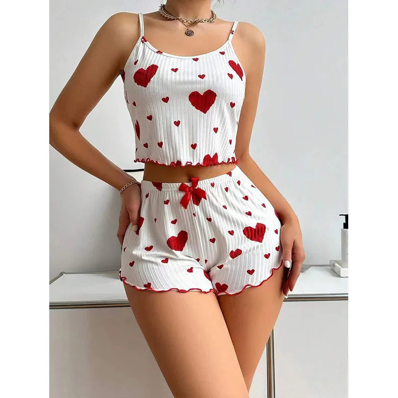 Spaghetti Strap Tank Top & Shorts Pajama Set – Geometric Print, Knit | Women's Summer Sleepwear (1pc or 2pcs)