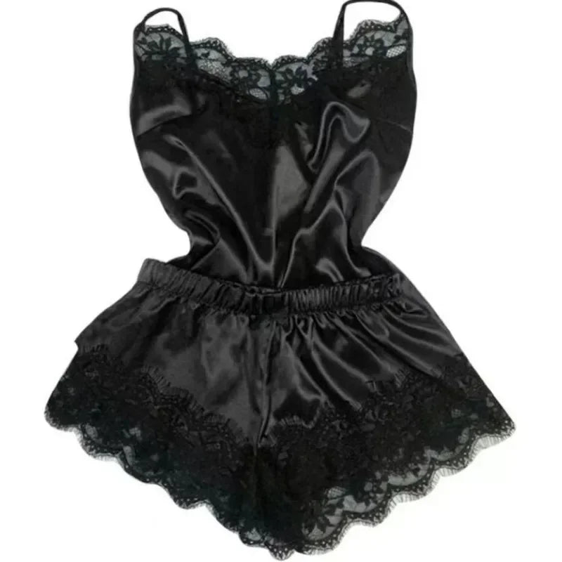 Lace Silk Cami Top & Shorts Pajama Set – V-Neck, Sleeveless, Summer Sleepwear | Women's Loungewear