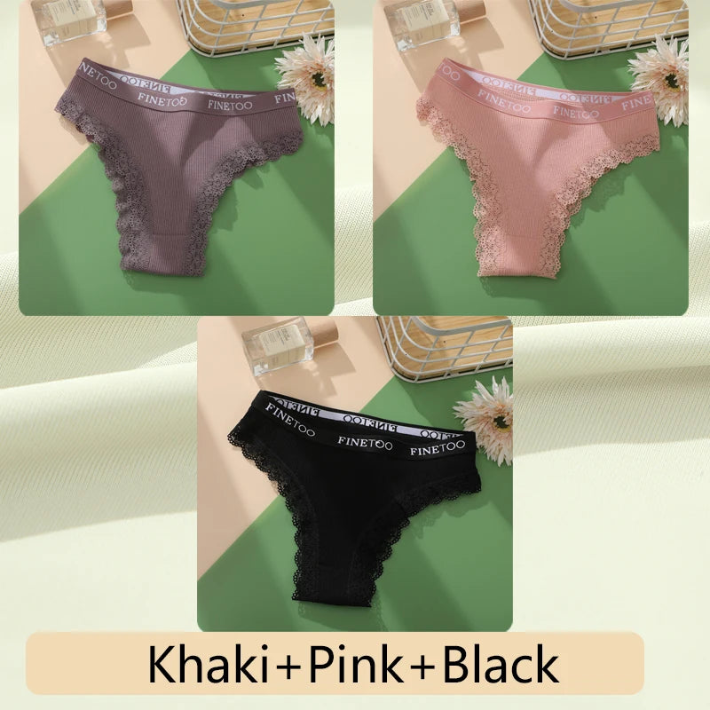3-Pack Cotton Lace-Trim Brazilian Thongs — Logo Waistband Low-Rise G-String M–2XL