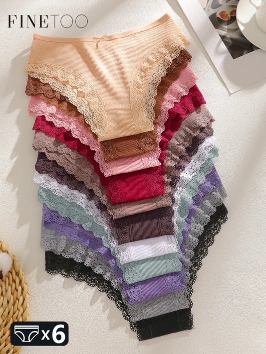 6-Pack Ribbed Cotton Lace-Trim Brazilian Briefs — Low-Rise Bow-Detail Panties