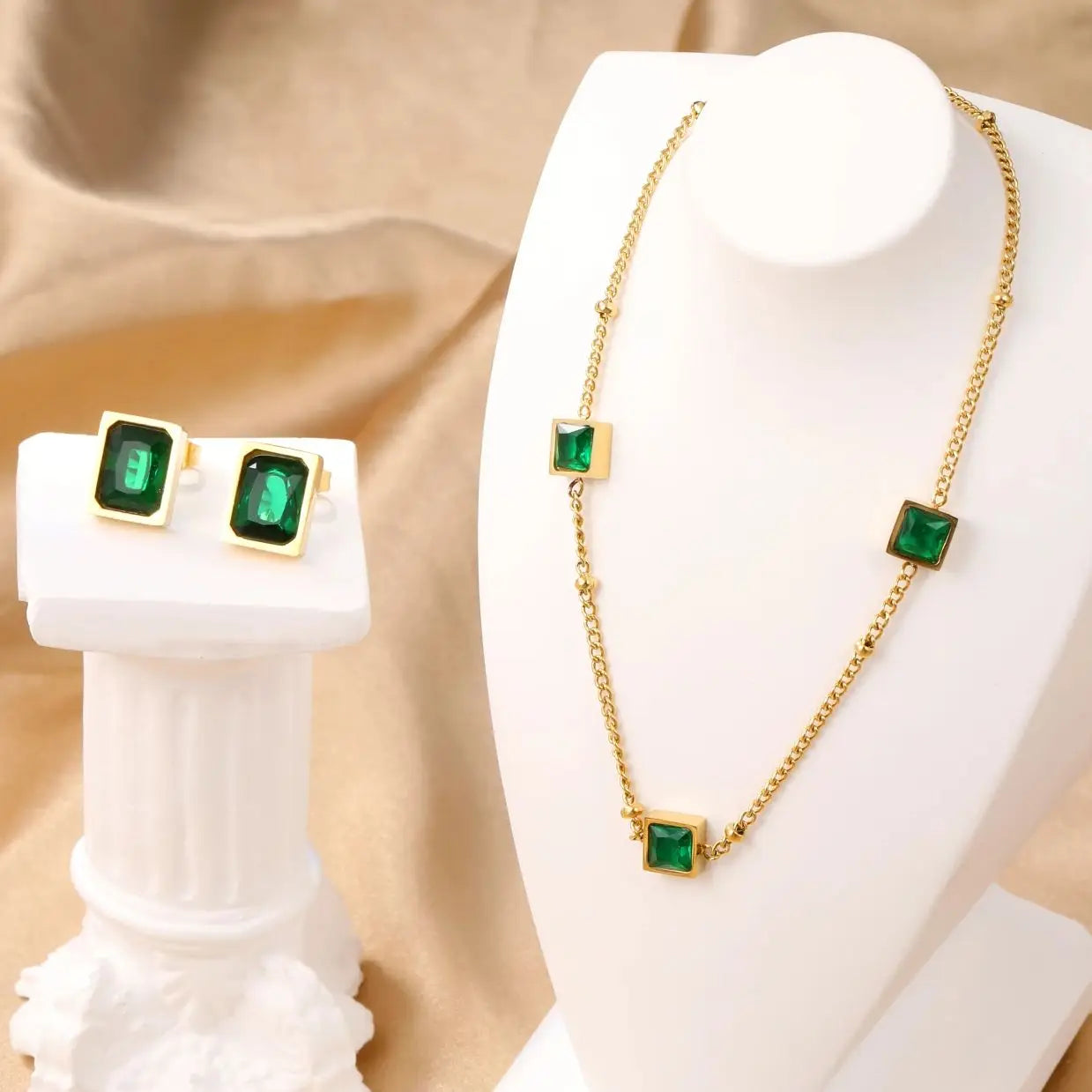 Green Zirconia Jewelry Set – Luxury CZ Crystal Necklace & Earrings for Women