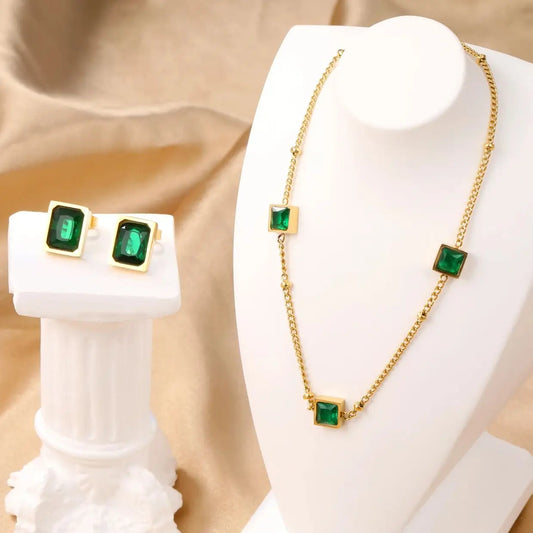 Green Zirconia Jewelry Set – Luxury CZ Crystal Necklace & Earrings for Women