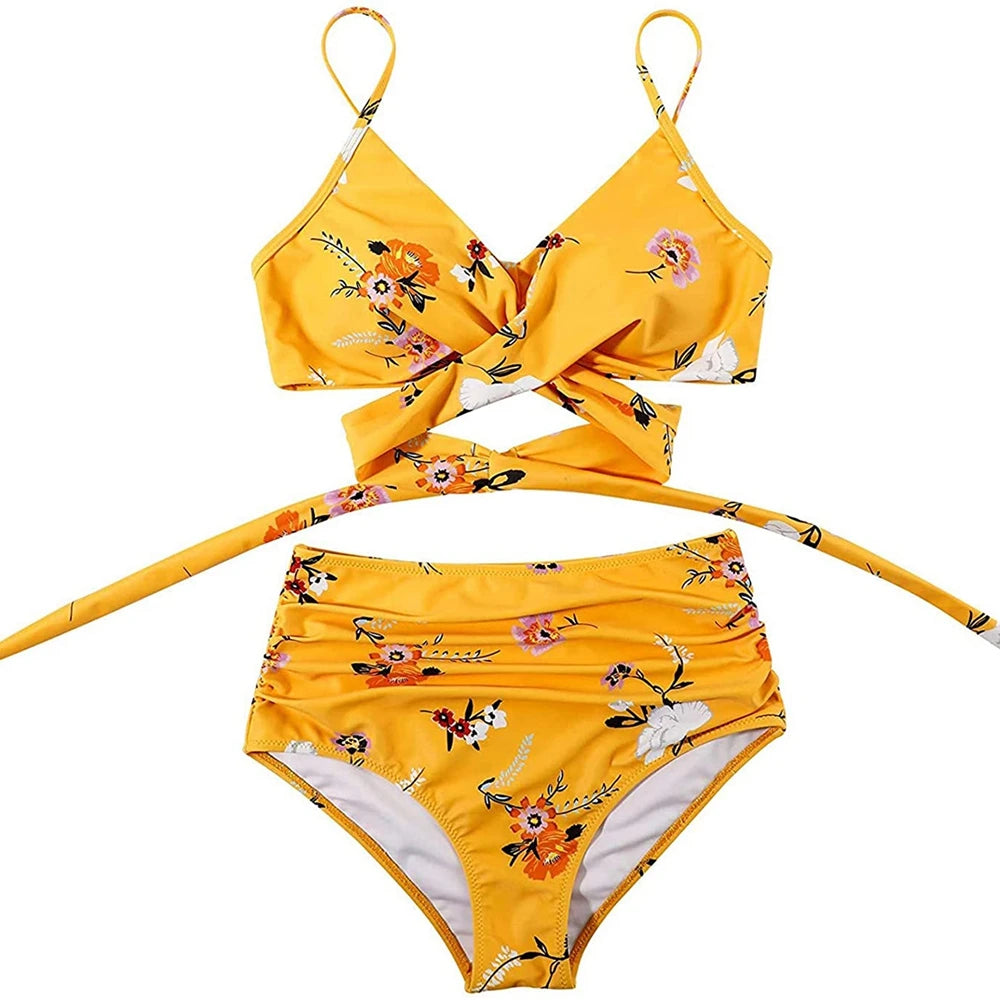 High Waist Bikini Set — Cross Front Top & Ruched Bottoms | Women's Swimwear
