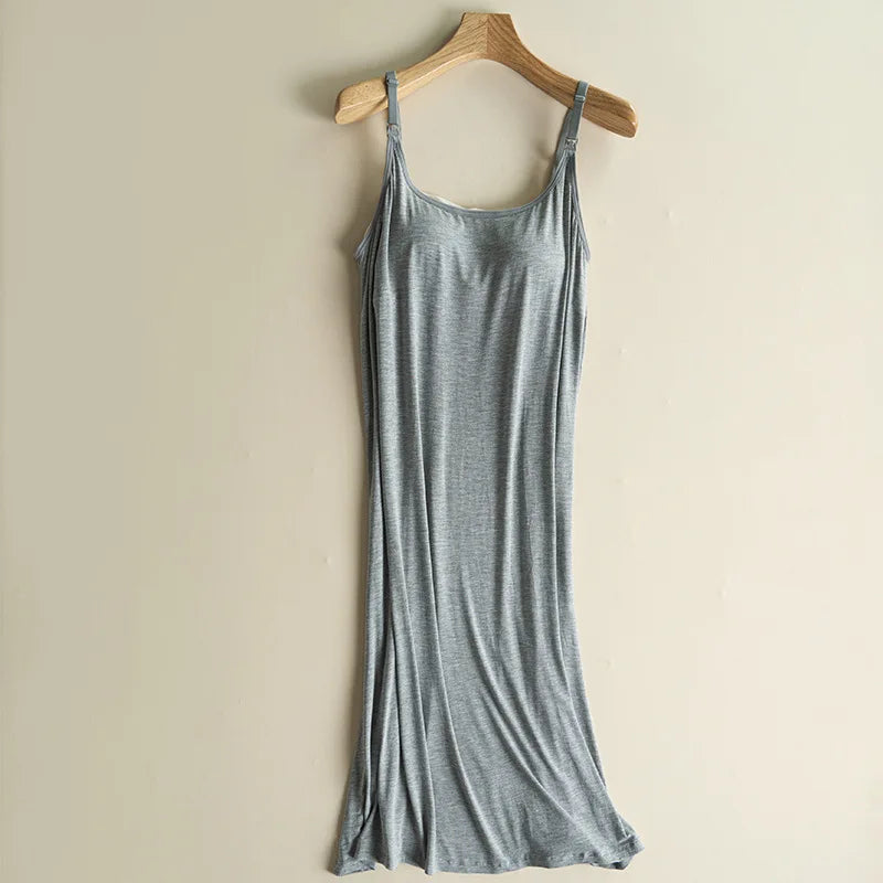 Women's Maternity Nursing Tank Dress with Built-in Bra Breastfeeding Long Sleeveless Nightdress for Pregnant Nursing Mothers