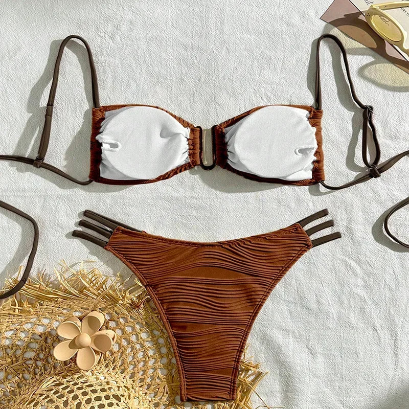 Ruched Bandeau Bikini Set — Brazilian Cut with Metal Detail | Women's Swimwear