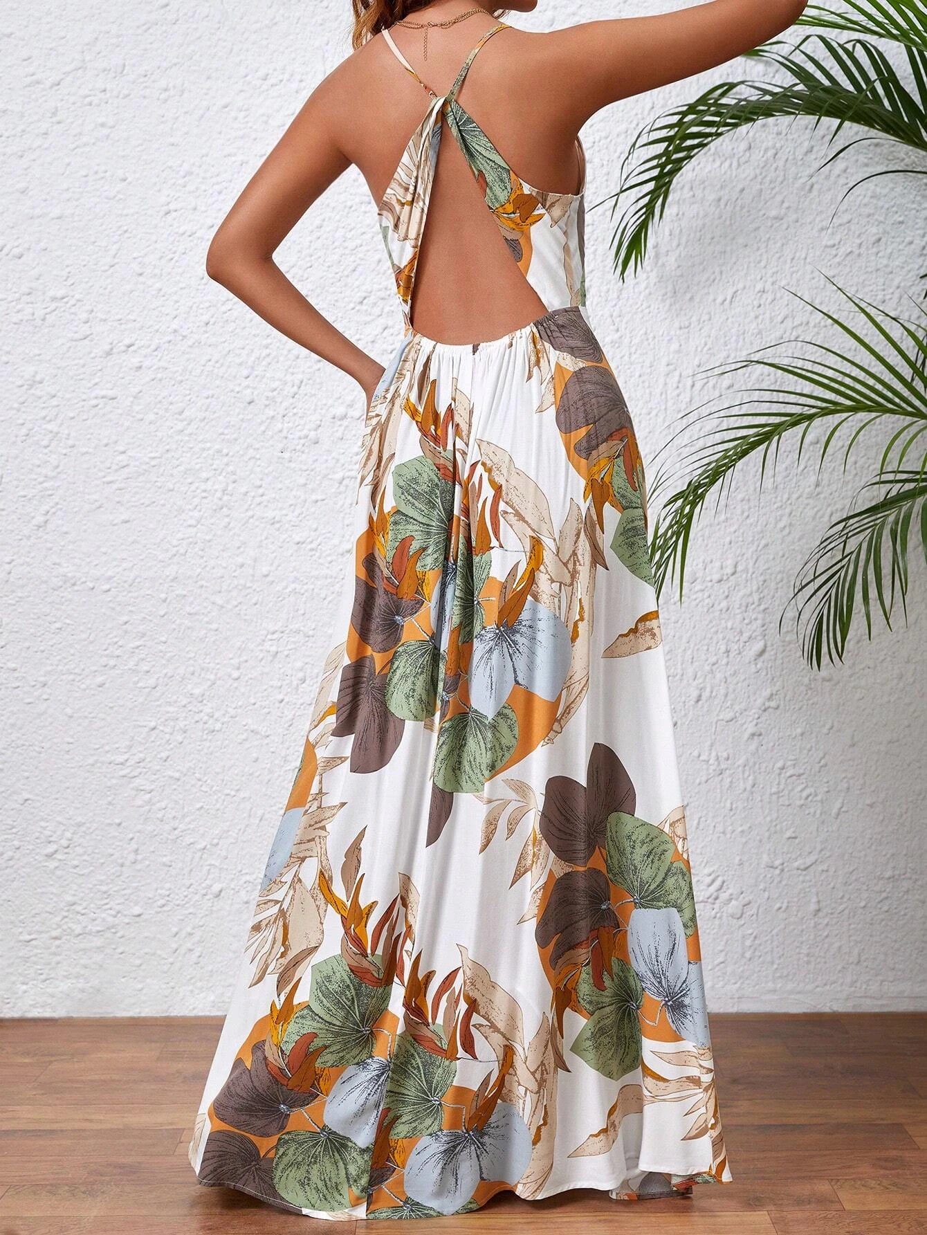 Tropical Print Thigh-High Slit Backless Spaghetti Strap Dress 1056