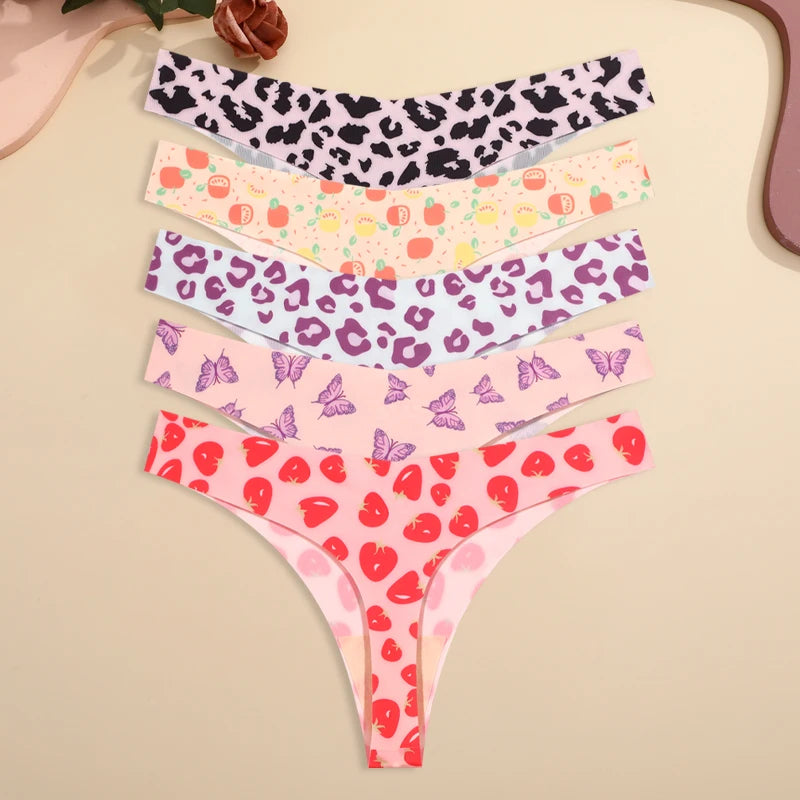 5-Pack Ice Silk Printed Thongs — Seamless Low-Rise G-String Panties