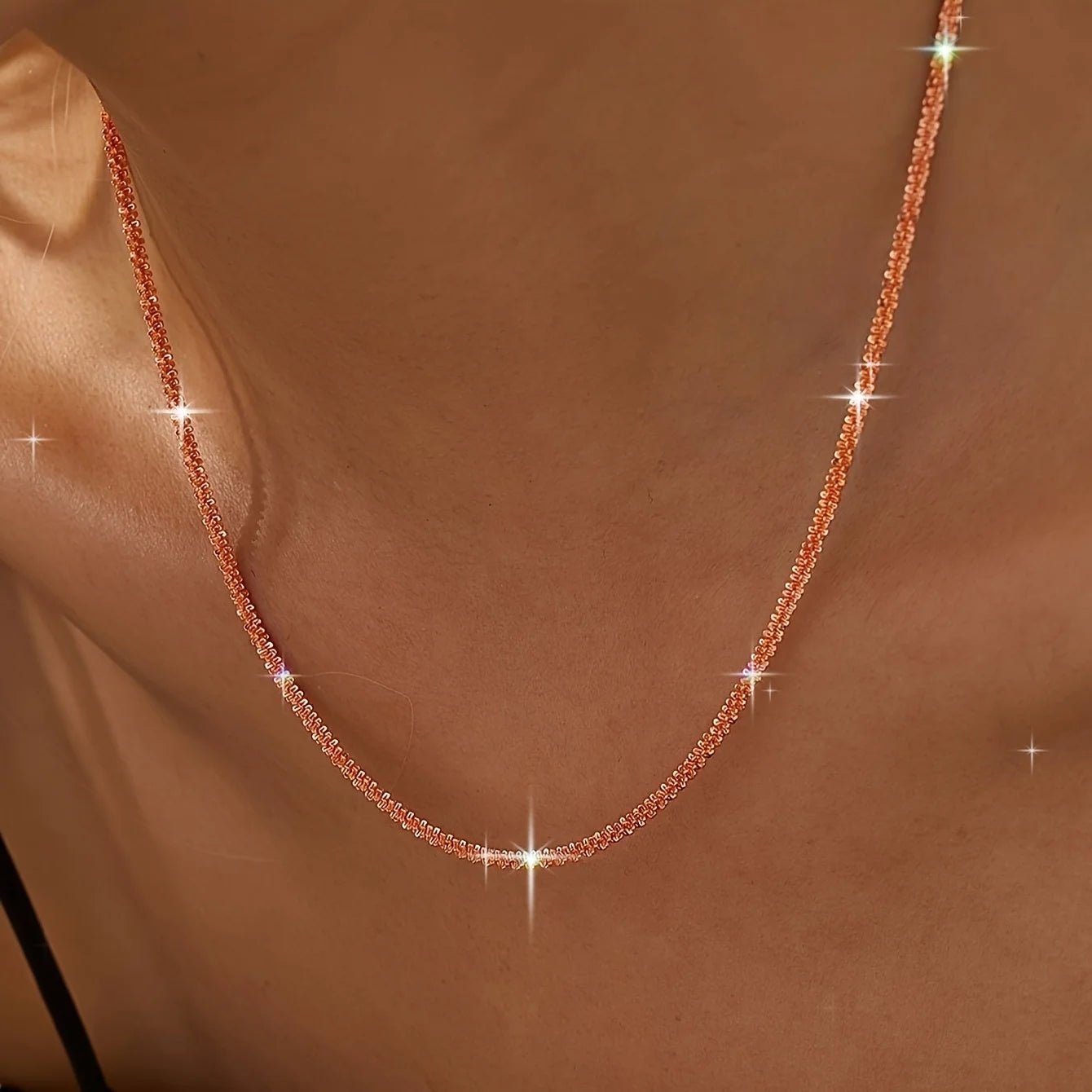Popcorn Chain Choker Necklace – Minimalist Rose Gold Stainless Steel Clavicle Necklace for Women