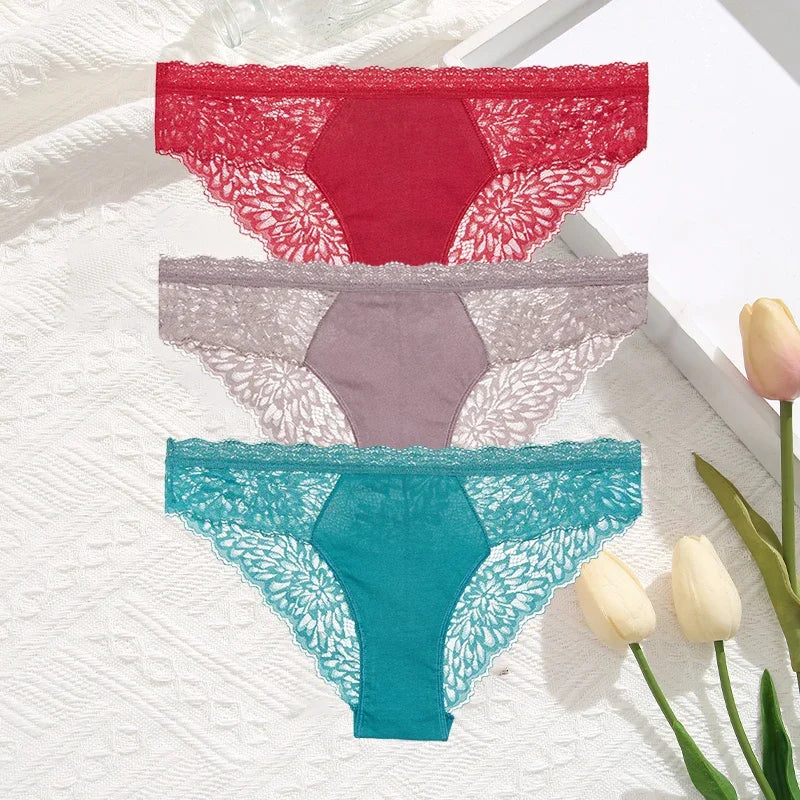 3-Pack Seamless Lace Hollow-Out Brief Panties – Soft Breathable Low-Rise Underwear for Women (S–XL, 20 Color Sets)