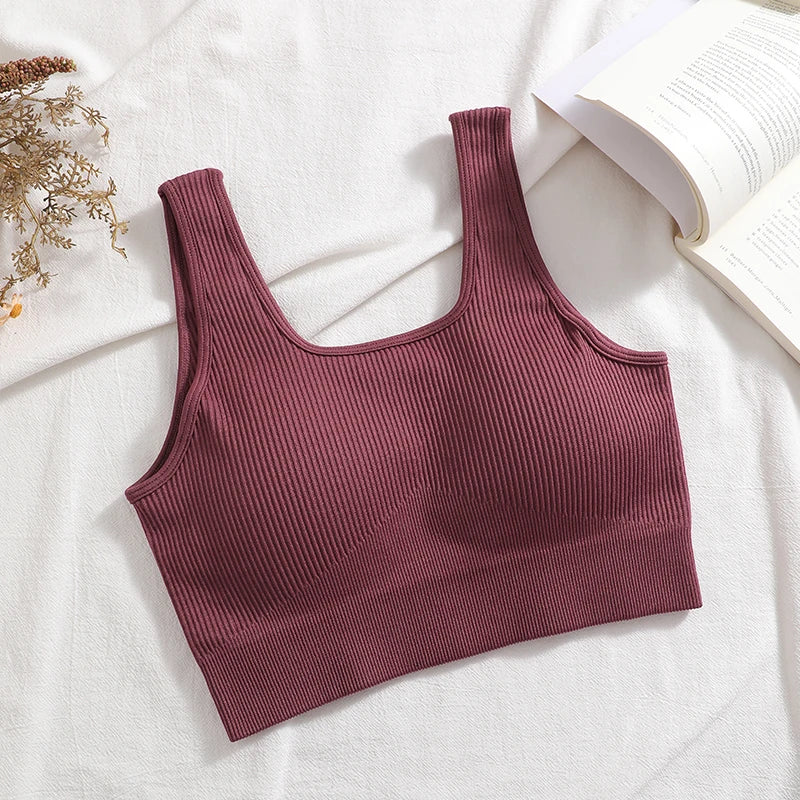 Women's Ribbed Yoga Tank Top – Padded Sports Bra | Square Neck Workout Vest