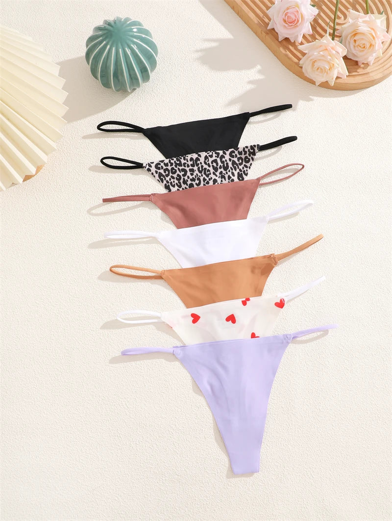 7-Pack Ice Silk Printed & Solid Thongs — Seamless Low-Rise G-String