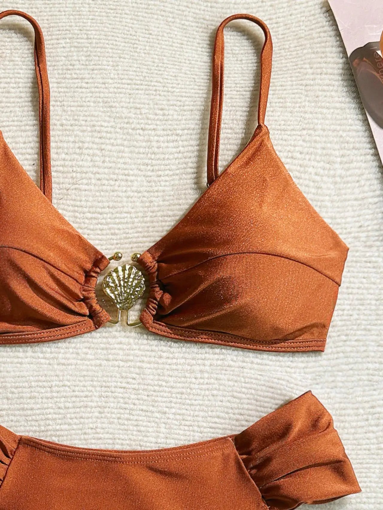 Pleated High-Waist Bikini Set — Metal Shell Buckle Push-Up | Women's Swimwear