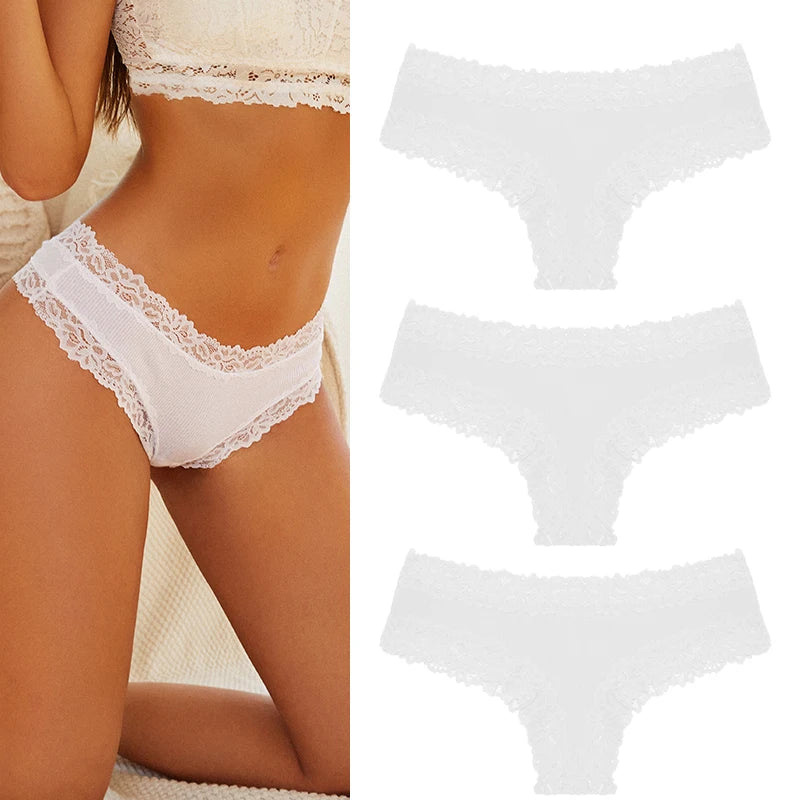 Women's Cotton Lace Briefs – 3-Piece Set | Soft Low-Rise Stretch Underwear (S–XL)
