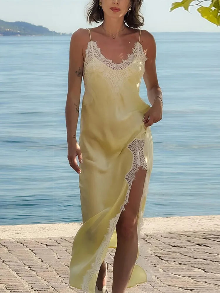 Blue V Neck Satin Lace Patchwork Maxi Dress Chic Spaghetti Strap Backless Slip Dress 2026 Summer new Lady Beach Holiday Vestidos