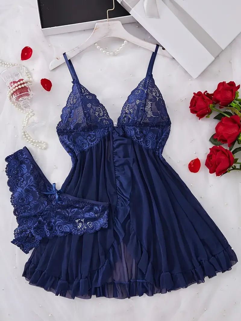 Lace Babydoll Lingerie Set — Floral Embroidery Slip Dress & Panty | Women's Intimate Wear