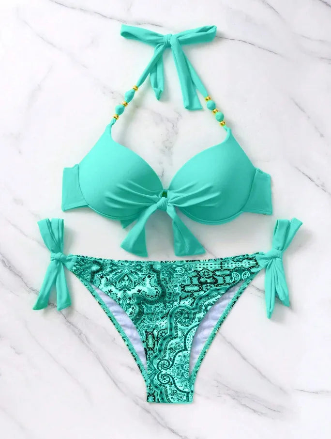 Push-Up Halter Bikini Set — Bow-Tie Top & Printed Side-Tie Bottoms | Women's Swimwear