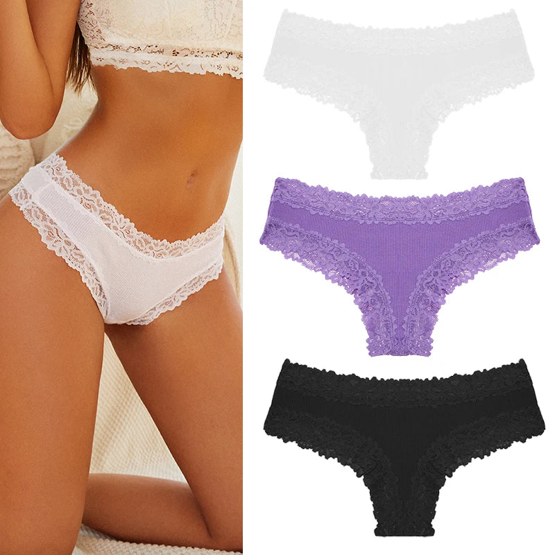 Women's Cotton Lace Briefs – 3-Piece Set | Soft Low-Rise Stretch Underwear (S–XL)
