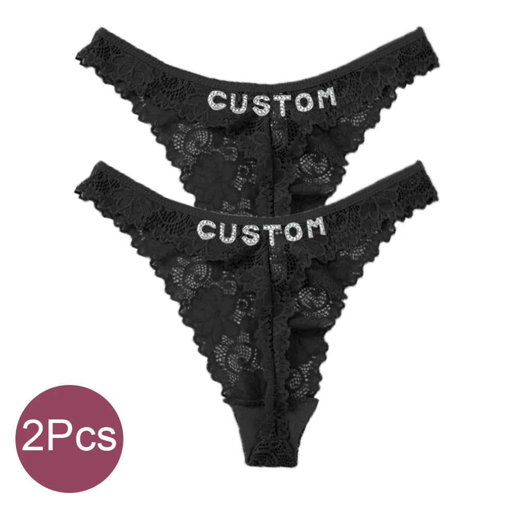 Custom Name Crystal Letter Thong | Dual-Color Lace G-String | Personalized Hotwife Gift
