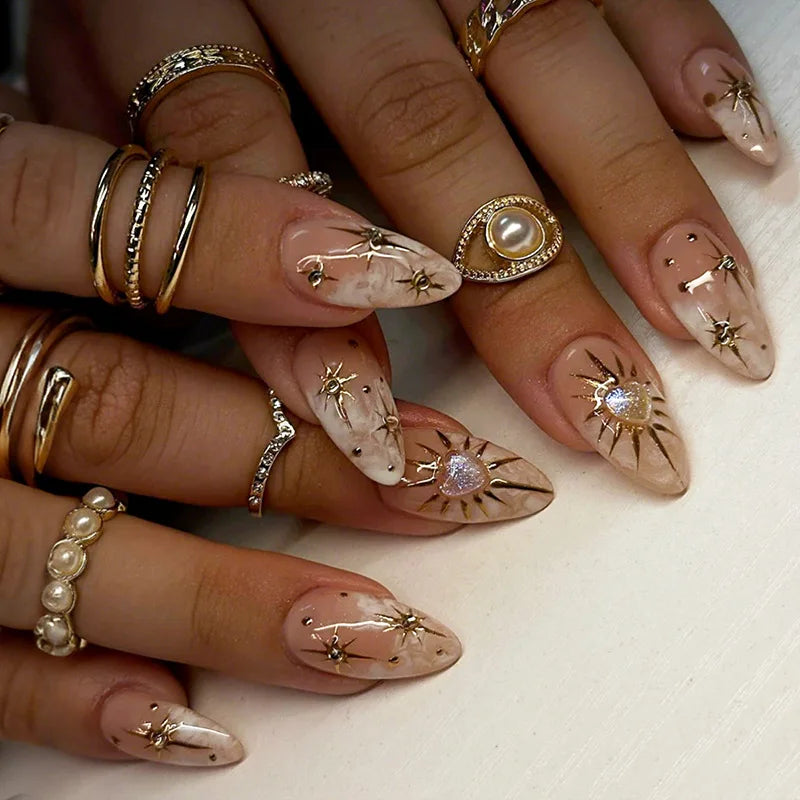 Short Almond Press-On Nails with Glue - Butterfly & Floral Glitter, 24 Pieces