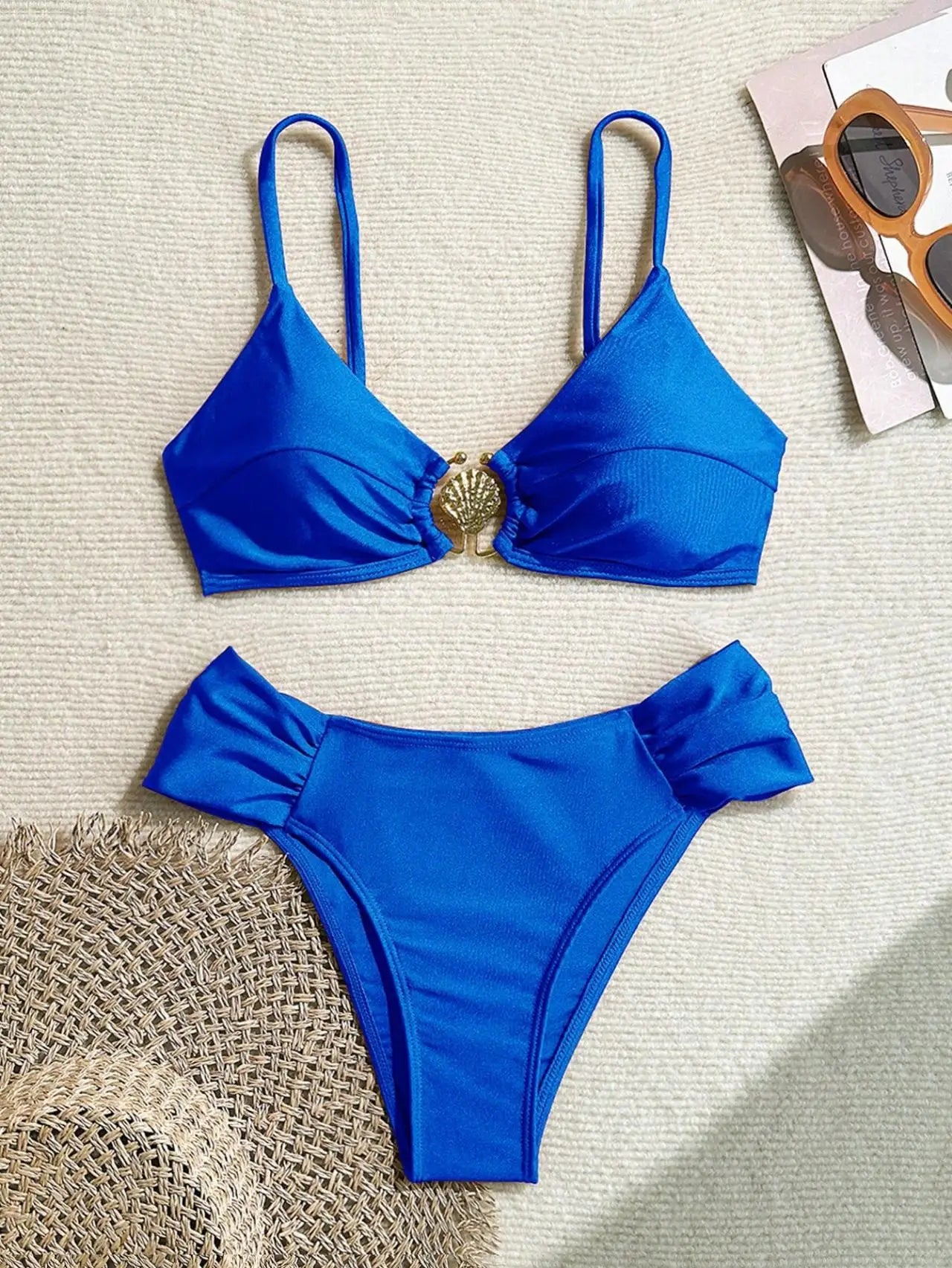 Pleated High-Waist Bikini Set — Metal Shell Buckle Push-Up | Women's Swimwear