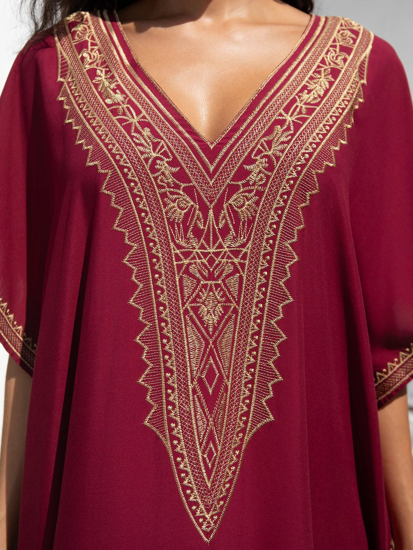Embroidery Beach Cover-Up Kaftan — Loose V-Neck Long Robe | Women's Swimsuit Cover-Up