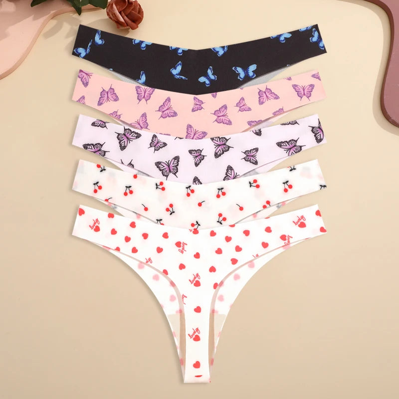 5-Pack Ice Silk Printed Thongs — Seamless Low-Rise G-String Panties