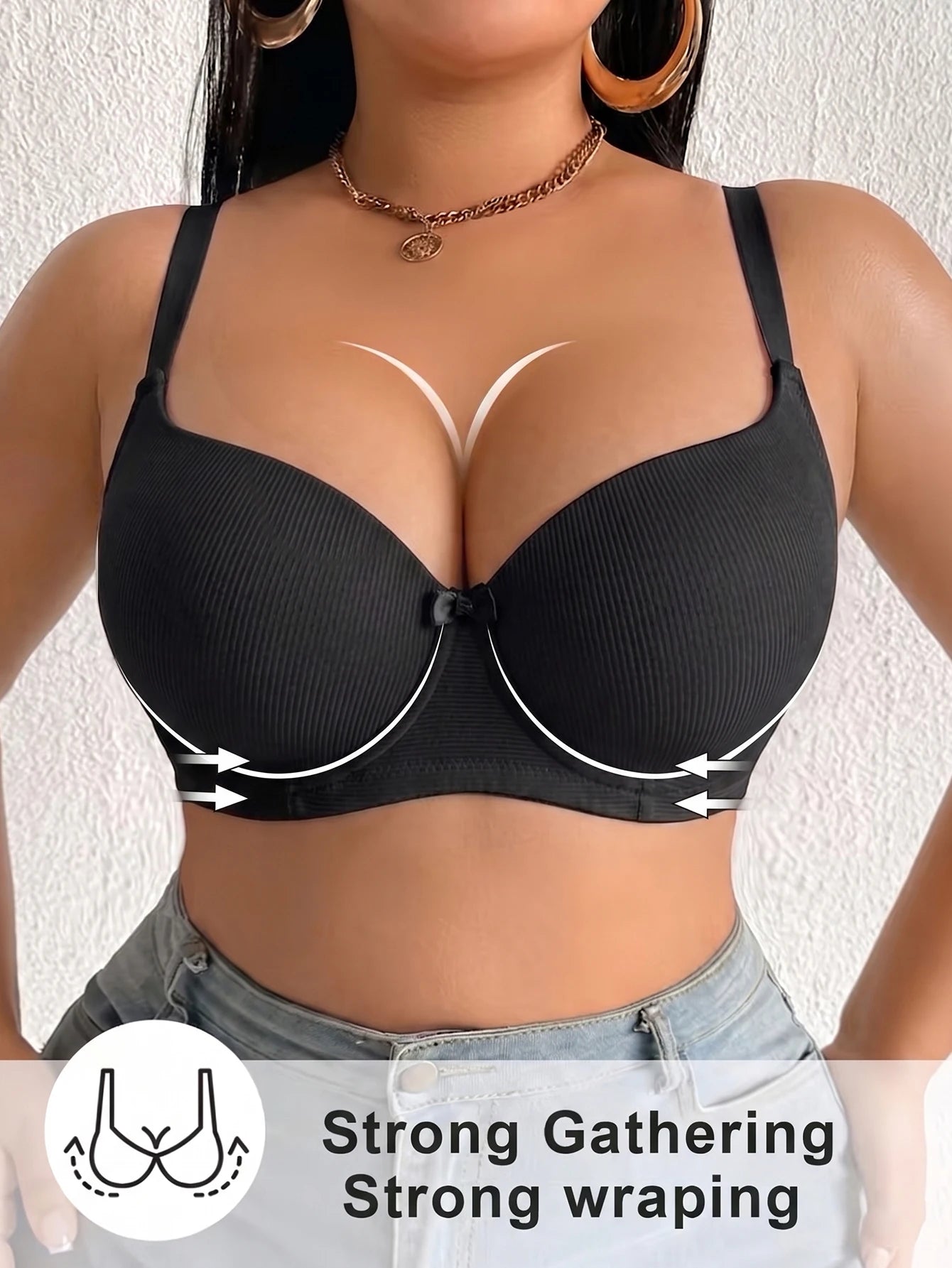 Plus Size Ribbed Push-Up Bra — Wide Strap Underwire Side Gather | Women's Bra