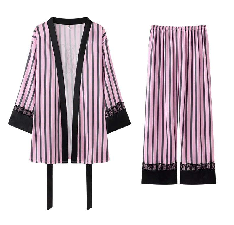 Women's Ice Silk Lace Trim Pajamas Set – Luxury Sleepwear Chemise & Robe