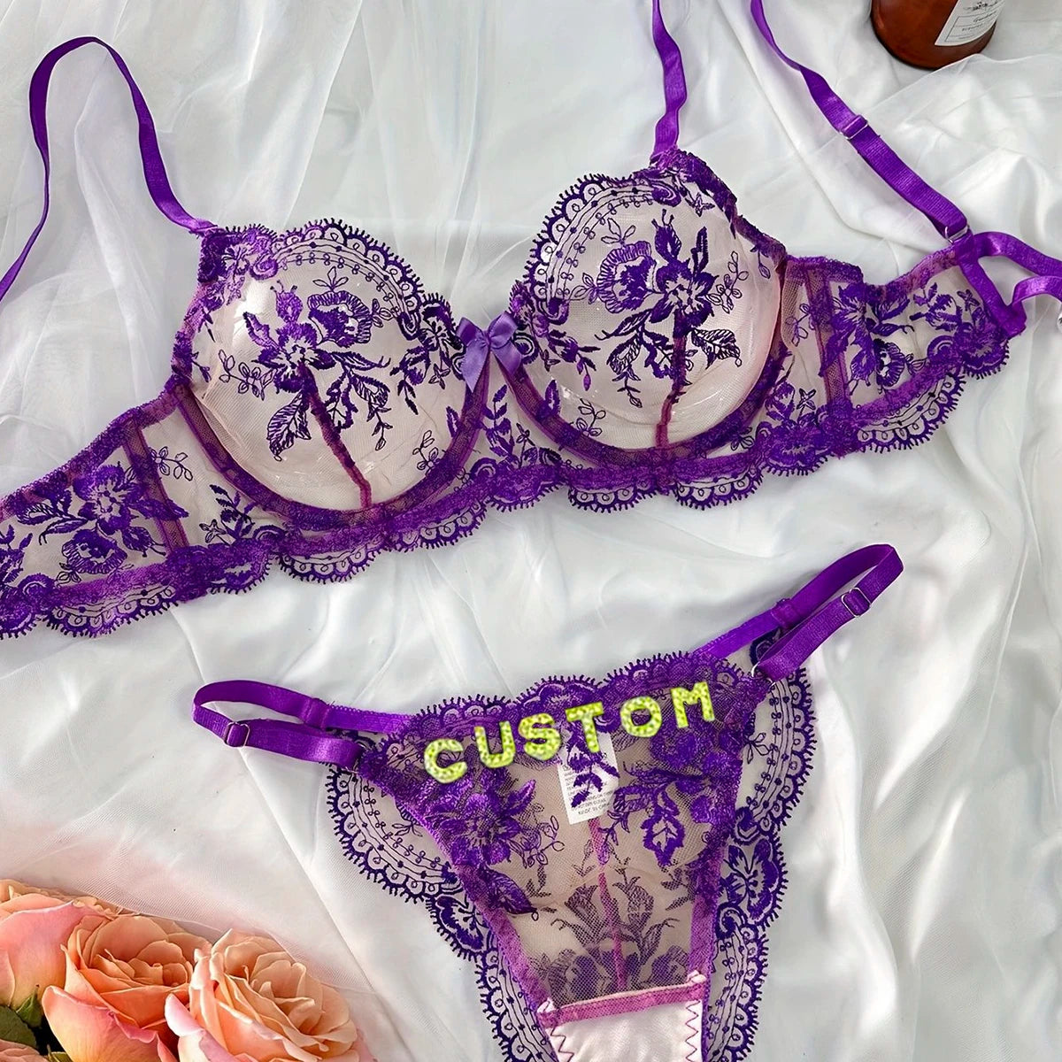 Custom Name 3-Piece Lingerie Set | Sheer Bra + Brief + Crystal Letter Thong | Personalized Gift