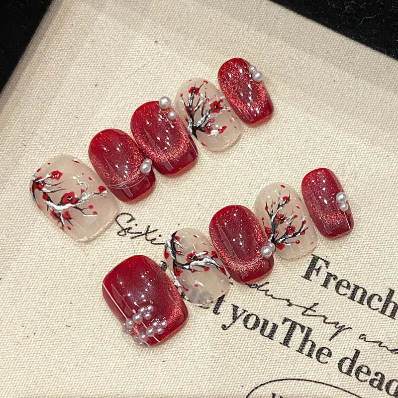 Handmade Short Square Press-On Nails - Floral & Cat Eye, 10-Piece Kit