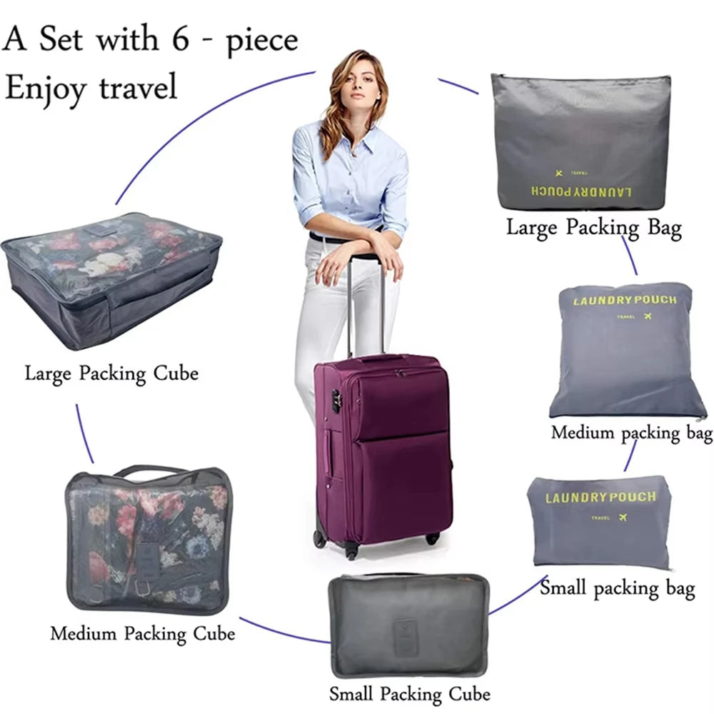 6pcs Travel Luggage Packing Cubes, Suitcase Clothes Storage Bag, Foldable Organizer Shoes Underwear Pouch