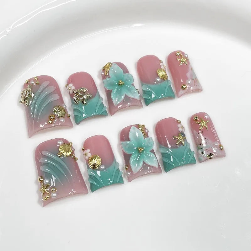 Handmade Duck Tip Press-On Nails - Ocean-Inspired 3D Floral, 10 Pieces